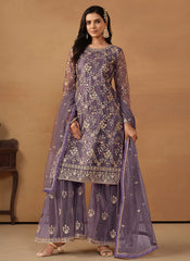 Purple Color Net Fabric Sequins Work Palazzo Suit For Women