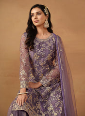 Purple Color Net Fabric Sequins Work Palazzo Suit For Women