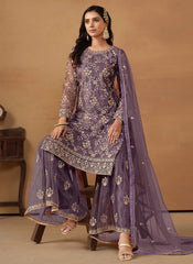 Purple Color Net Fabric Sequins Work Palazzo Suit For Women