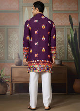 Multi Thread and Real Mirror Work Purple Kurta for Men