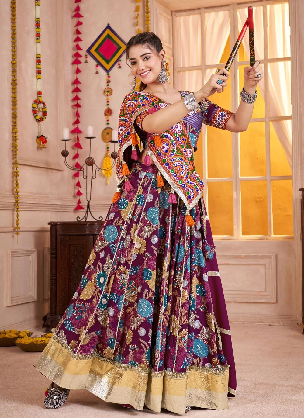 Purple designer Navratri dress lehenga choli with mirror work