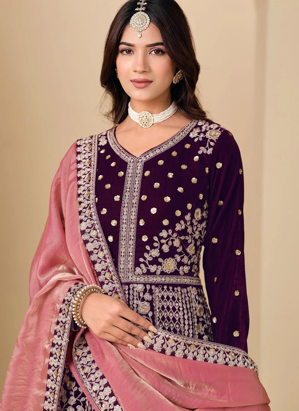 Royal Purple Velvet Abaya Style Anarkali Suit for Women