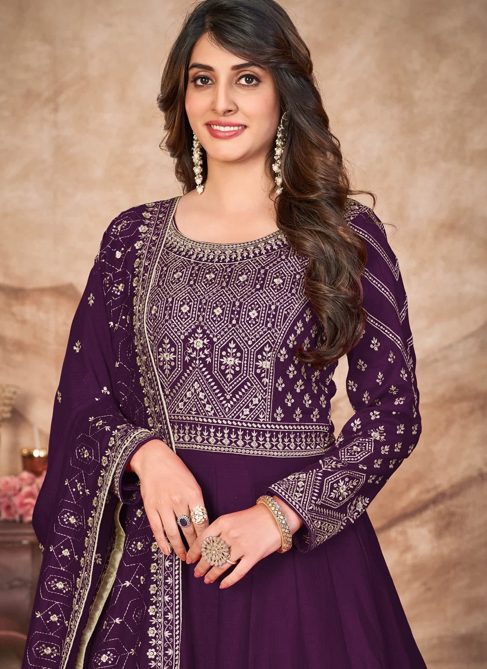 Purple Embroidered Art Silk Anarkali Style Suit
