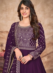 Purple Embroidered Art Silk Anarkali Style Suit