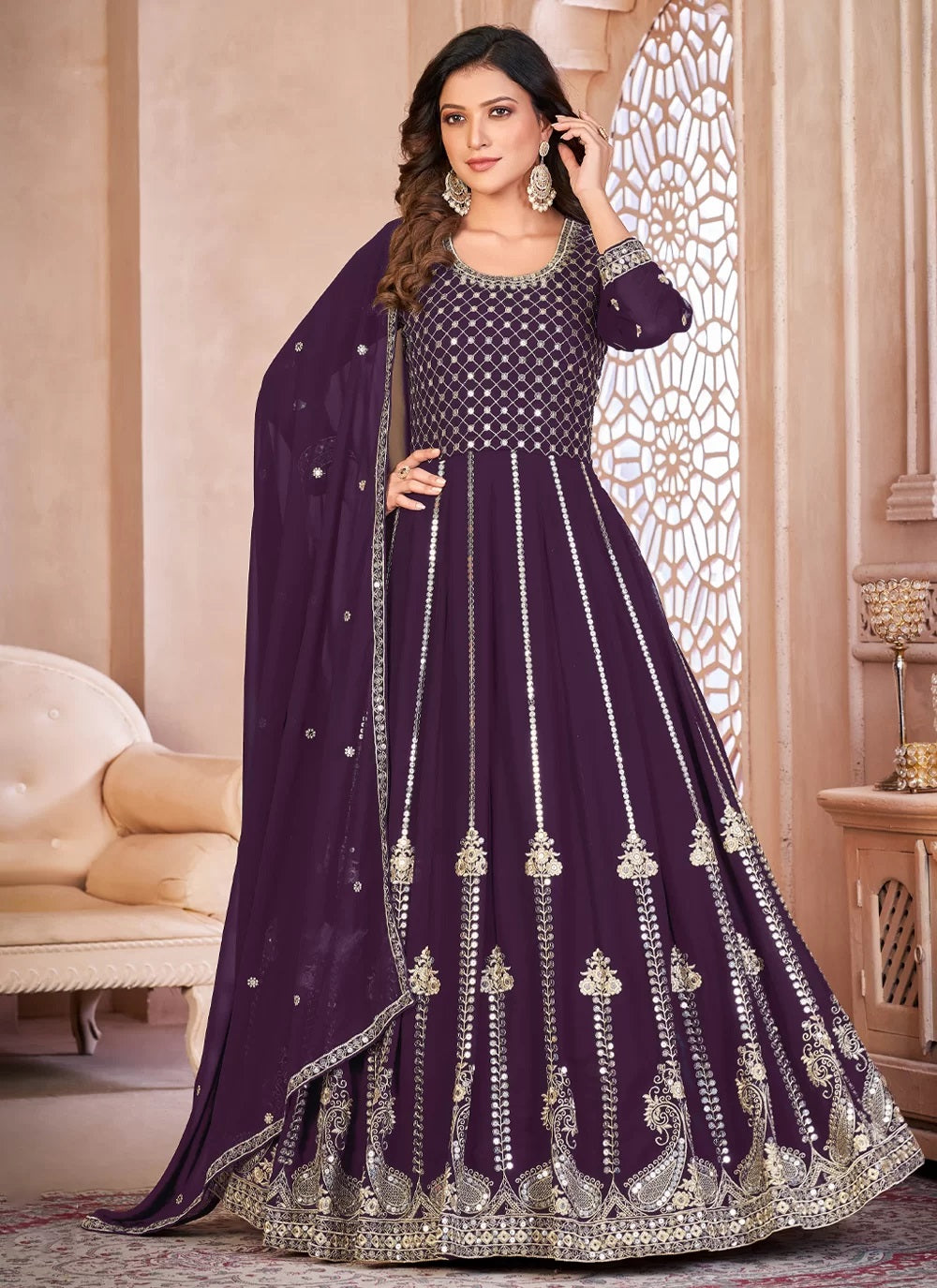 Purple Embroidered Georgette Abaya Style Indian Suit