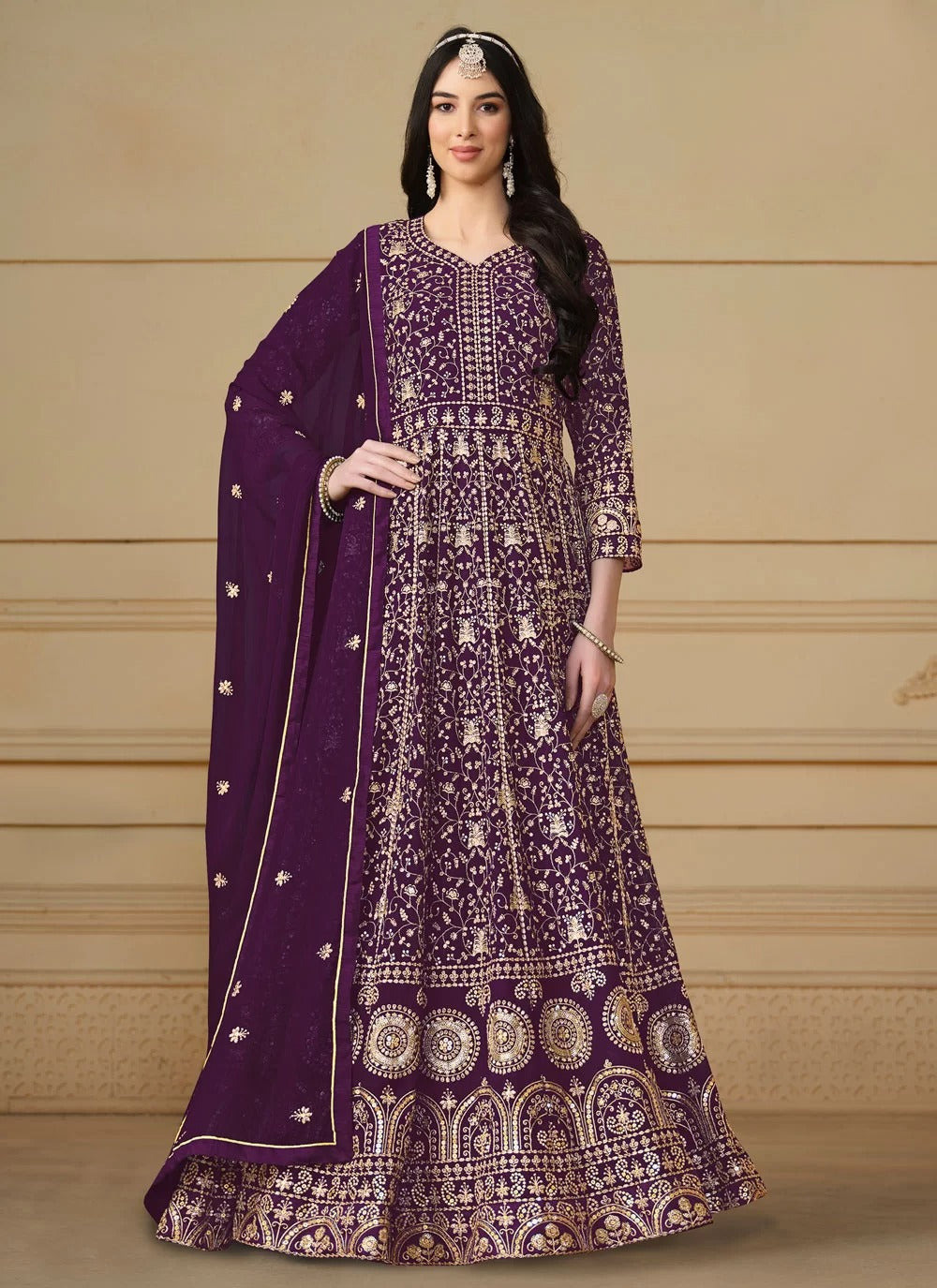 Purple Embroidered Long Anarkali Suit – Faux Georgette
