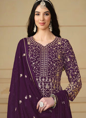 Purple embroidered faux georgette long Anarkali suit with dupatta