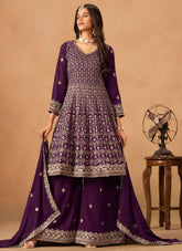 Purple faux georgette embroidered palazzo salwar kameez