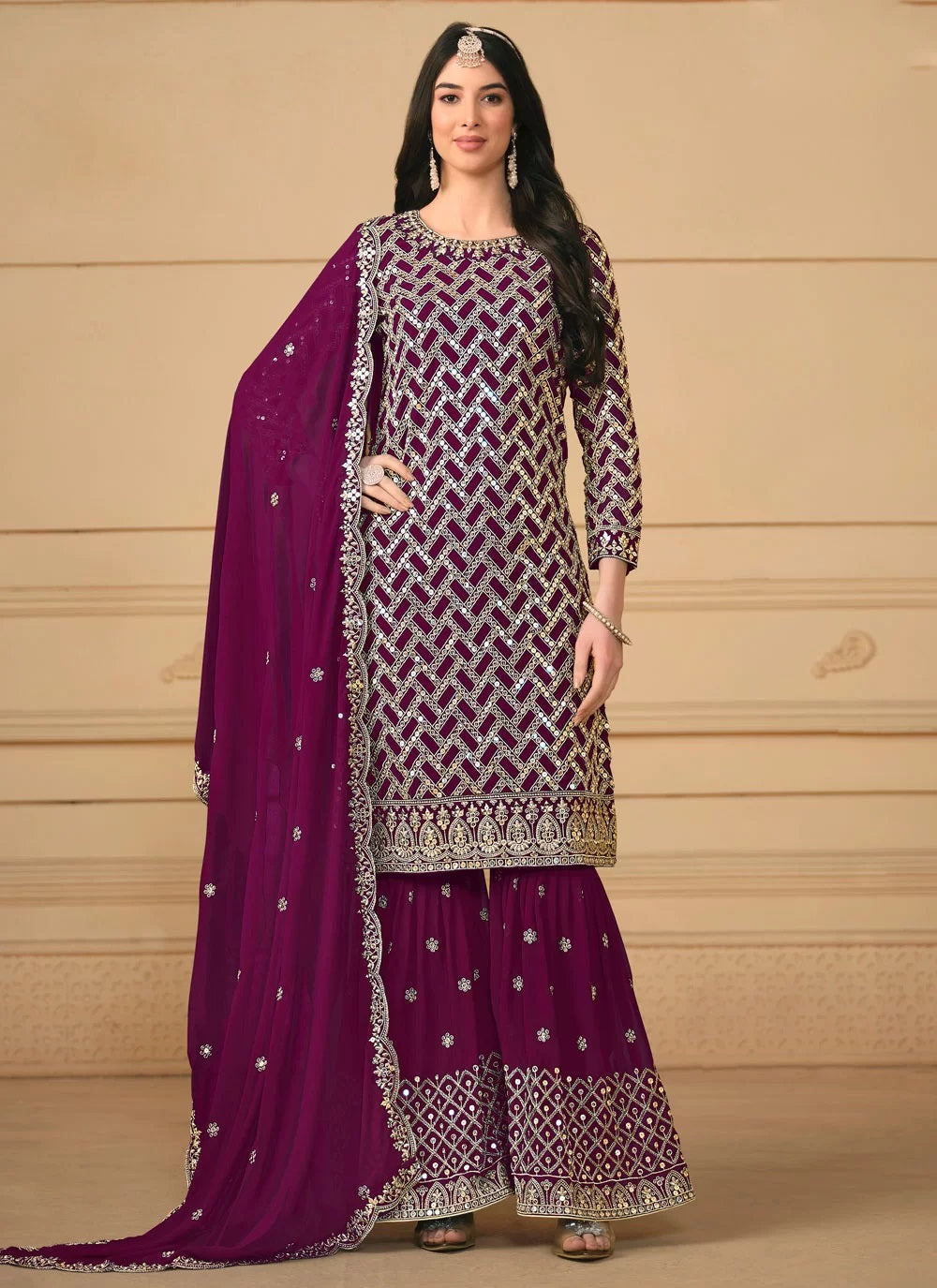 Purple Georgette Embroidered Sharara Salwar Suit For Party