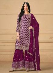 Purple Georgette Embroidered Sharara Salwar Suit For Party