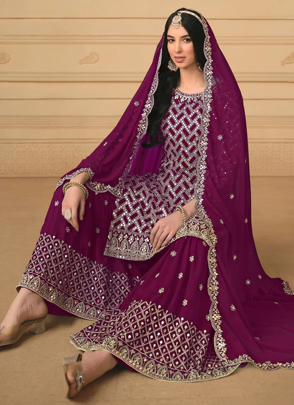 Purple Georgette Embroidered  Sharara Salwar Suit For Party