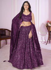 Royal purple georgette engagement lehenga with sequins embroidery