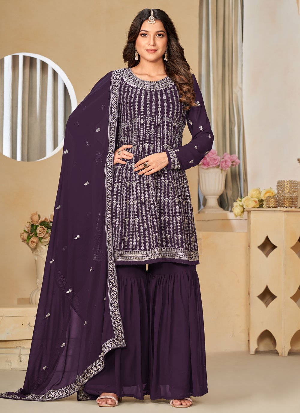 Purple Georgette Indian Sharara Style Suit With Embroidery