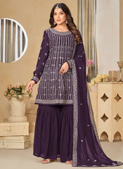 Purple Georgette Indian Sharara Style Suit With Embroidery