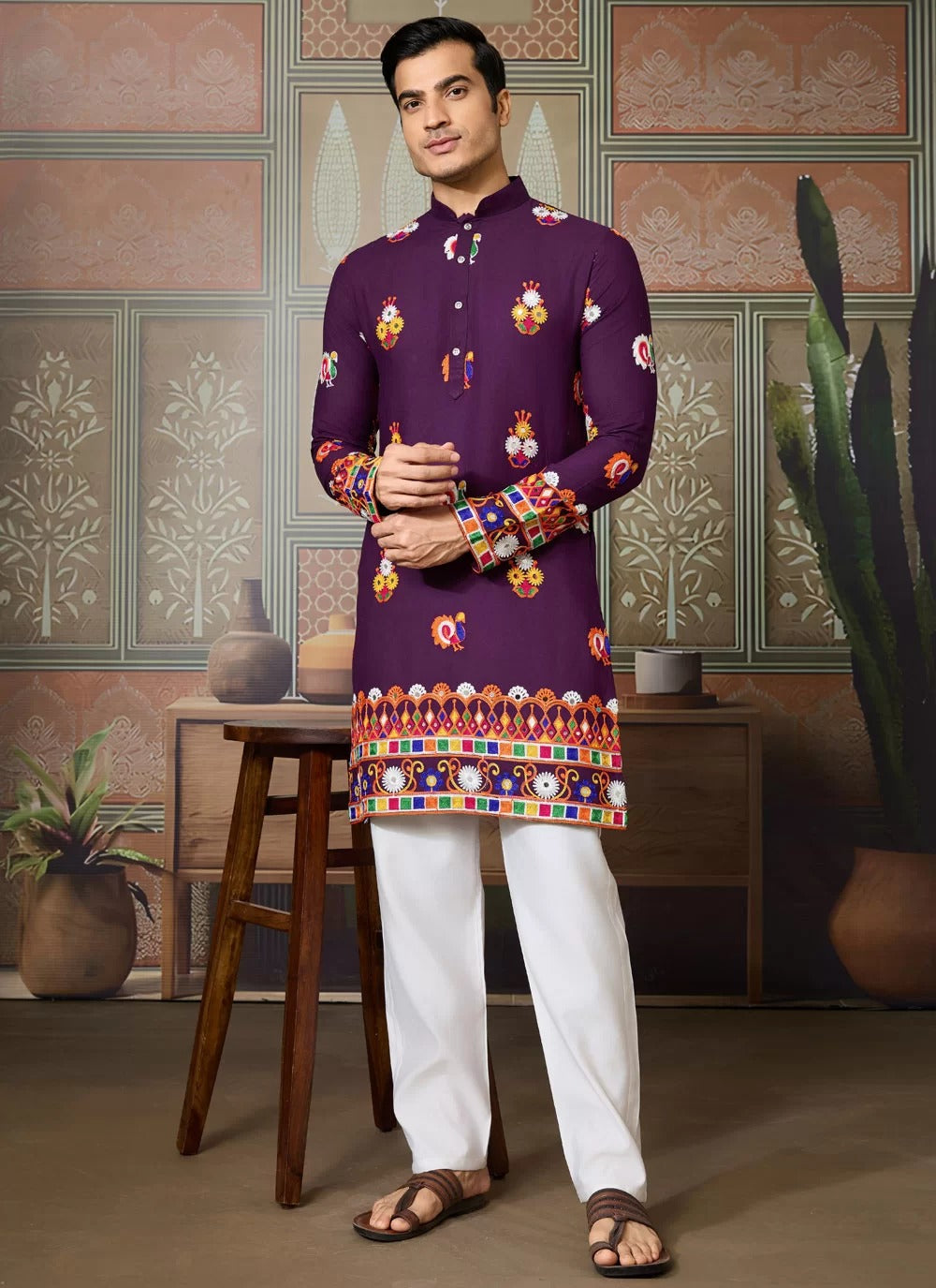 Purple Cotton Men’s Kurta with Mirror Work for Navratri