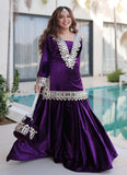 Purple Mirror Work Velvet Palazzo Suit with Batwa