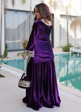 Mirror work velvet palazzo suit in purple ice velvet with zari embroidery