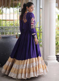 Purple Gujarati Garba gown with Kutchi patch work sleeves and Zari Patta detailing