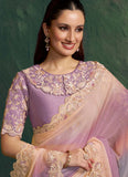 purple shaded designer indian saree in moss georgette with scallop embroidery