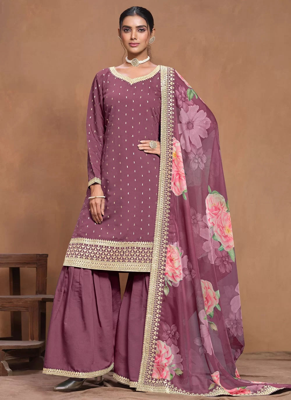 Purple Silk Gota patti Work Sharara Suit