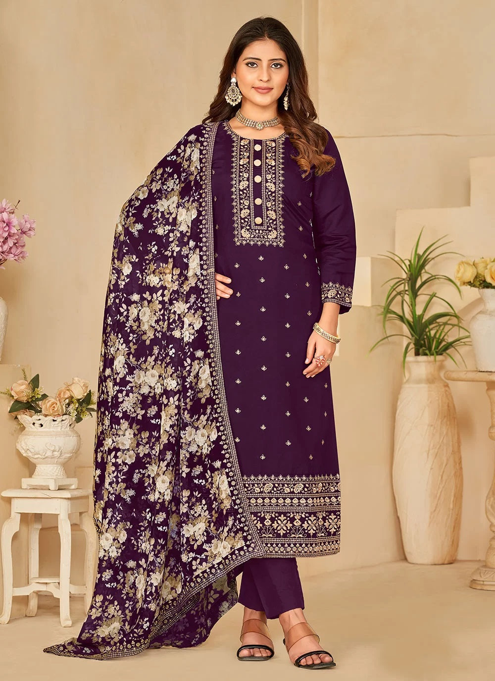 Image showcasing a Purple Silk Sequins Embroidered Pakistani Pant Suit - featuring intricate embroidery and sequin work on luxurious silk fabric, a stylish ensemble perfect for special occasions