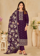 Image showcasing a Purple Silk Sequins Embroidered Pakistani Pant Suit - featuring intricate embroidery and sequin work on luxurious silk fabric, a stylish ensemble perfect for special occasions