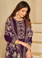 Image showcasing a Purple Silk Sequins Embroidered Pakistani Pant Suit - featuring intricate embroidery and sequin work on luxurious silk fabric, a stylish ensemble perfect for special occasions