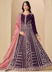 Designer Purple Modest Wear Anarkali Gown for Festive Occasions