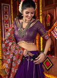 Purple Bandhani Inspired Traditional Silk Navratri Lehenga Choli with Green Mirror Work Dupatta