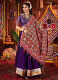 Purple Bandhani Inspired Traditional Silk Navratri Lehenga Choli with Green Mirror Work Dupatta