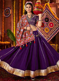 Purple Bandhani Inspired Traditional Silk Navratri Lehenga Choli with Green Mirror Work Dupatta
