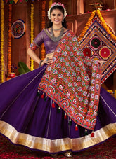 Purple Bandhani Inspired Traditional Silk Navratri Lehenga Choli with Green Mirror Work Dupatta