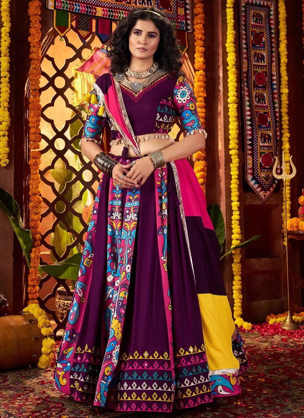 Purple mirror work chaniya choli set for Navratri with dupatta