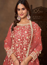 Peach Designer Palazzo Suit | Net Embroidered Party Wear Salwar Suit