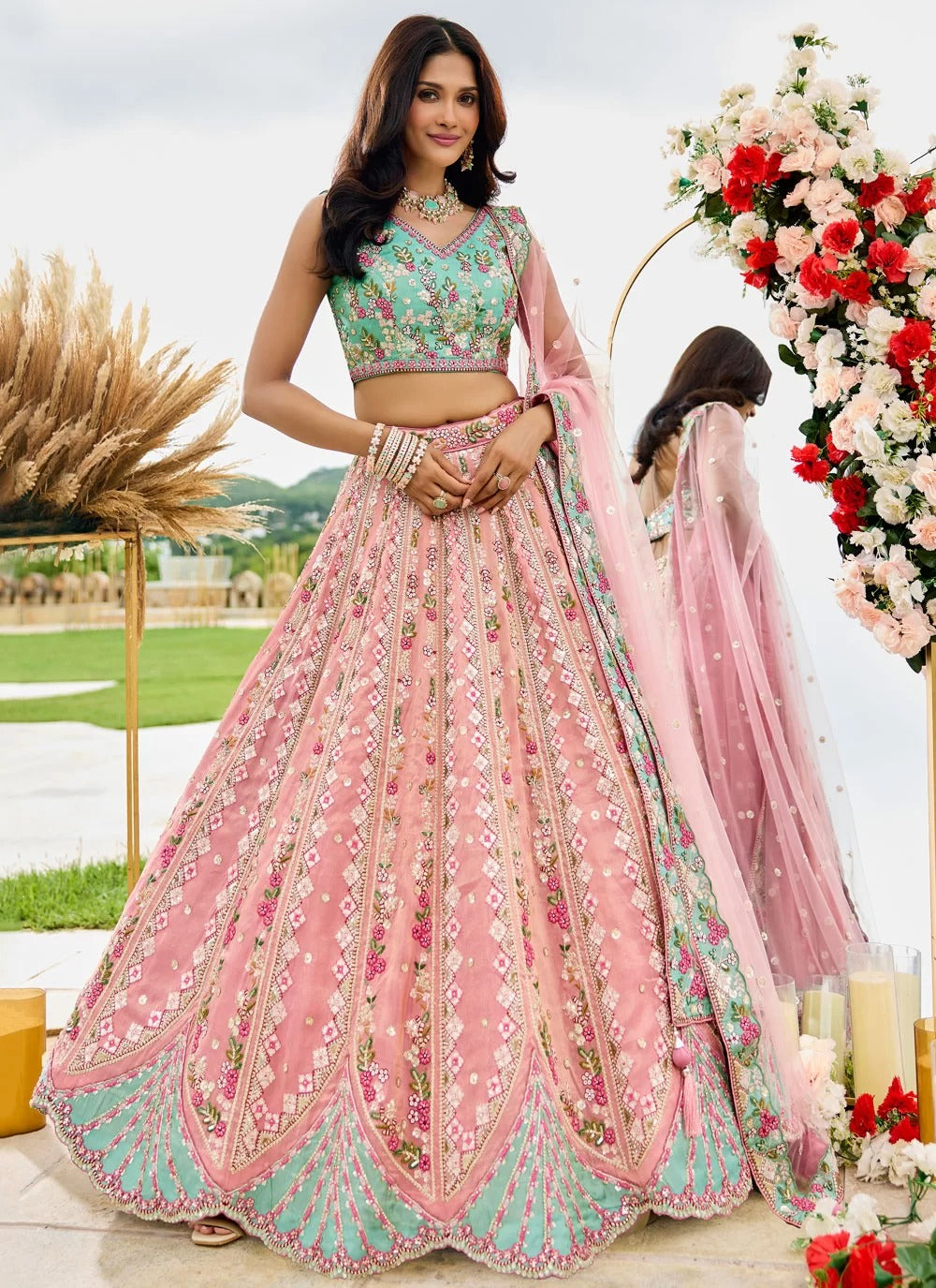 Pink Bridesmaid Lehenga | Tissue Sequin Work Lehenga Choli with Net Dupatta