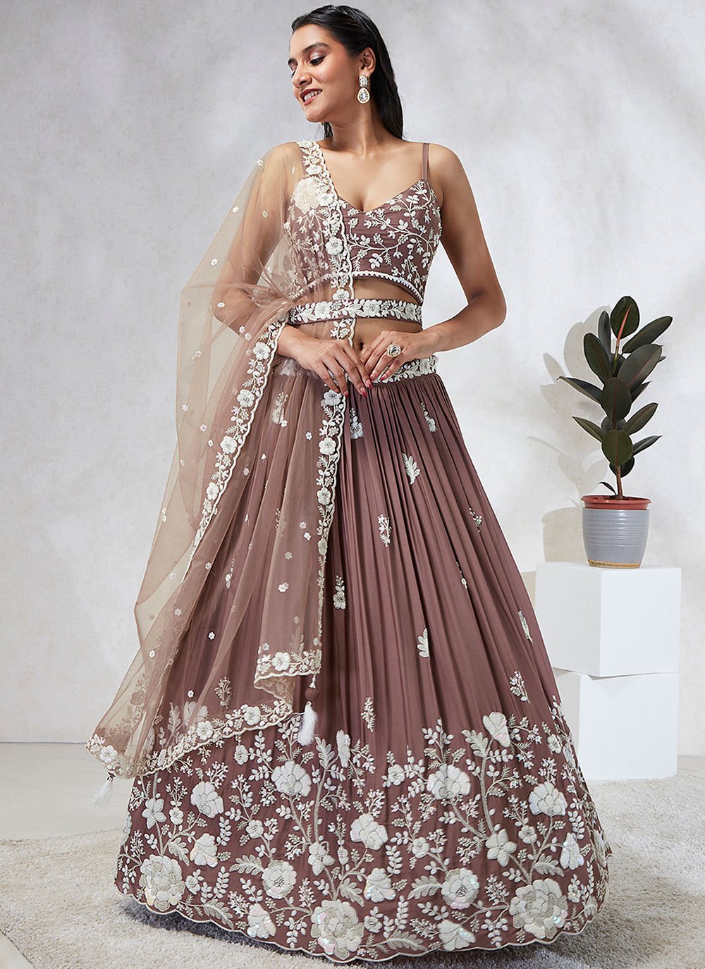 Radiant Rosegold Poly Georgette Lehenga Choli For Wedding