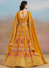 Yellow georgette haldi lehenga with sequins, zari, dori and multicolor thread embroidery work