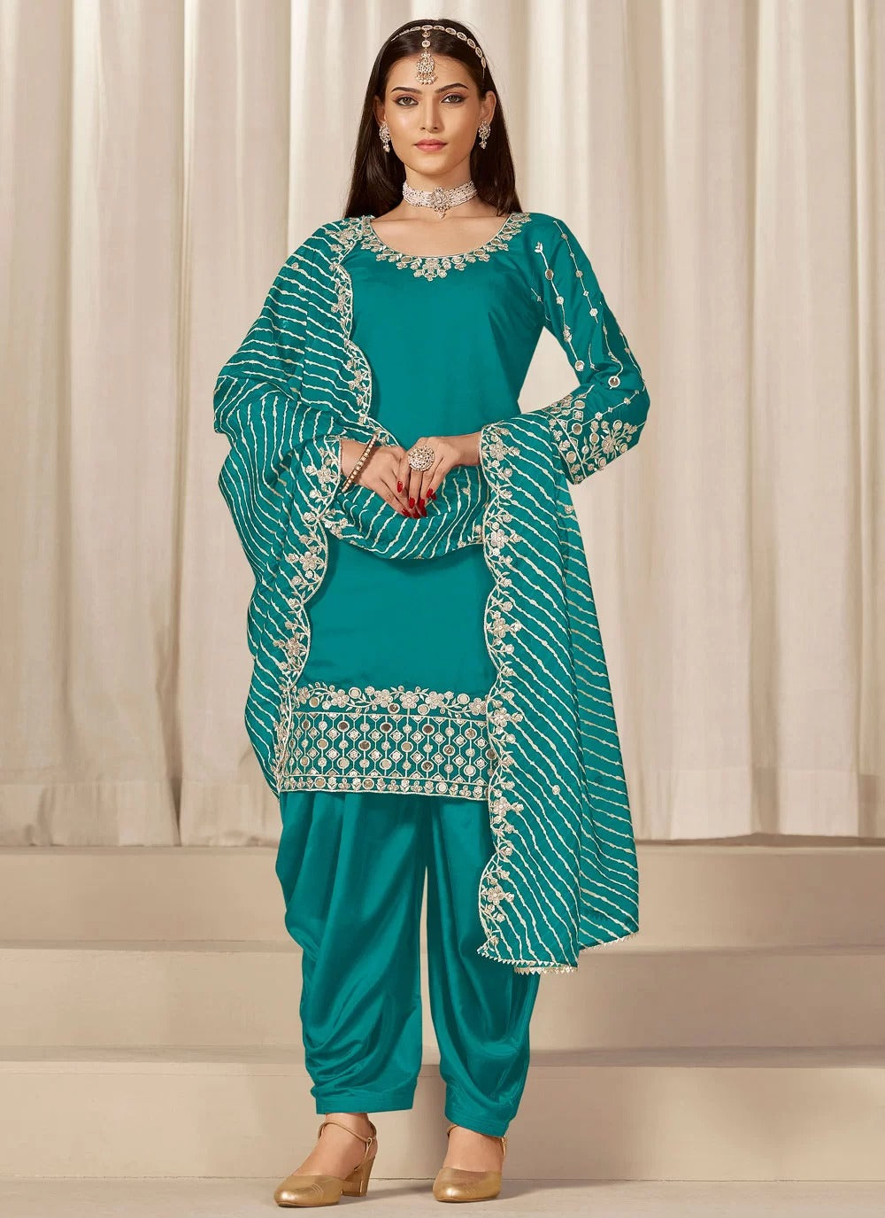 Radiant Rama Chanderi Silk Punjabi Suit with Mirror Embroidery