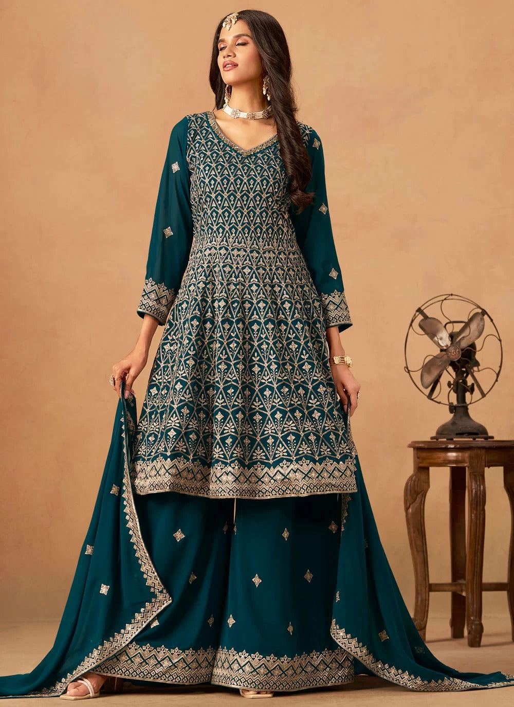 Elegant Rama Faux Georgette Embroidered Palazzo Salwar Kameez