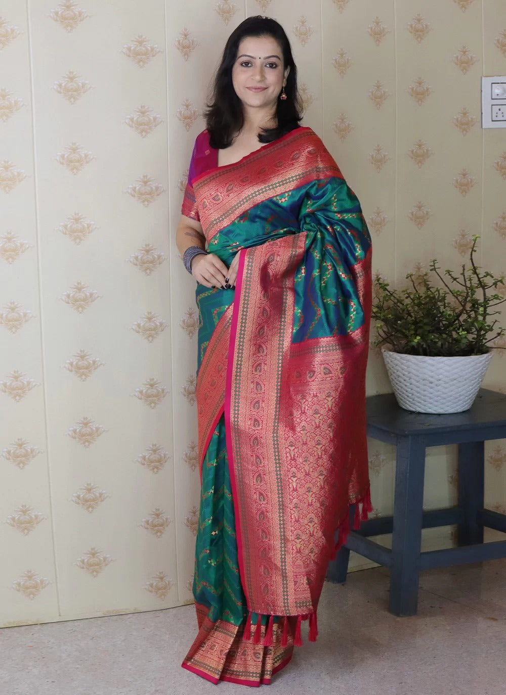 designer banarasi silk saree rama green with gold zari weaving