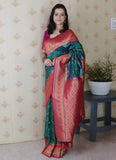 designer banarasi silk saree rama green with gold zari weaving