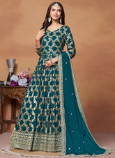 Rama Green Dola Jacquard Zari Work Trendy Indian Anarkali Suit