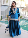 Mirror work palazzo suit for women in Rama ice velvet with zari embroidery