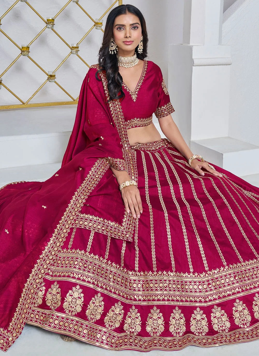 Rani Pink Wedding Guest Lehenga in Art Silk