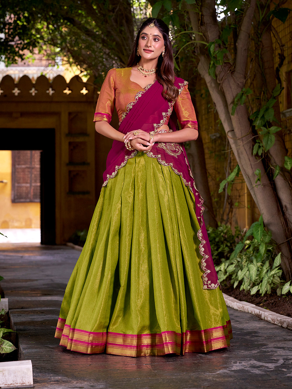Rani pink Kanchipuram lehenga choli set