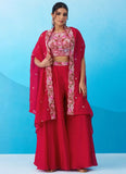 Rani pink flared palazzo set with beads embroidered cape