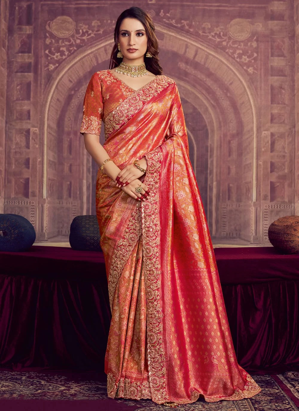 Rani Pink Kanjivaram Zari Silk Saree with Beads and Sequence Work for Wedding