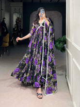 Purple Color Floral Printed And Paper Mirror Lace Georgette Gown