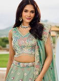 Limegreen Satin Silk Lehenga with Sequins and Cutwork Border
