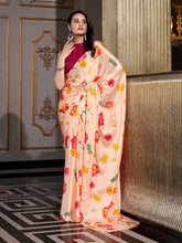 Cream printed satin silk saree